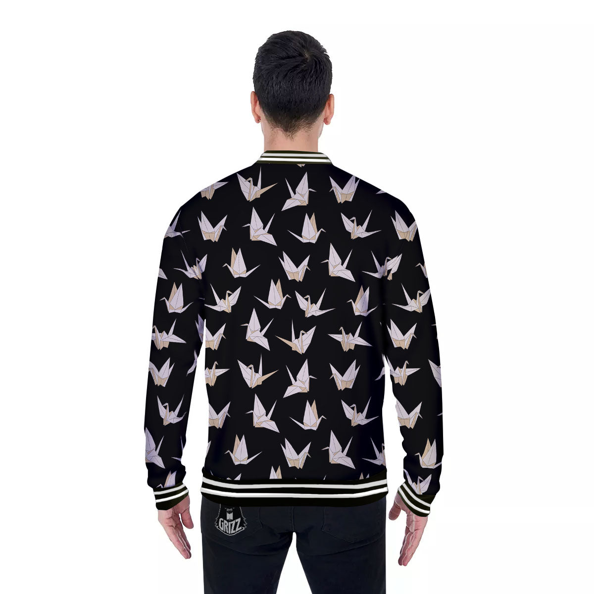Origami White And Black Print Pattern Baseball Jacket-grizzshop