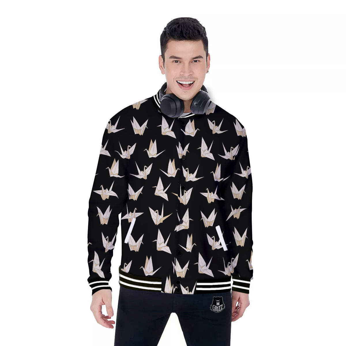 Origami White And Black Print Pattern Baseball Jacket-grizzshop