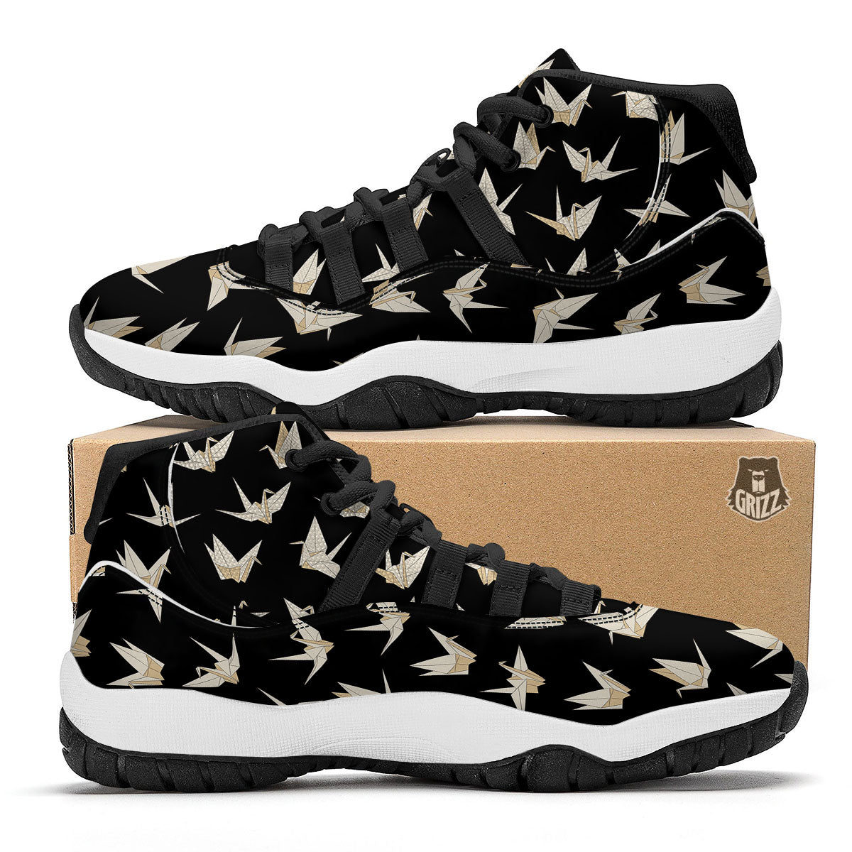 Origami White And Black Print Pattern Black Bball Shoes-grizzshop