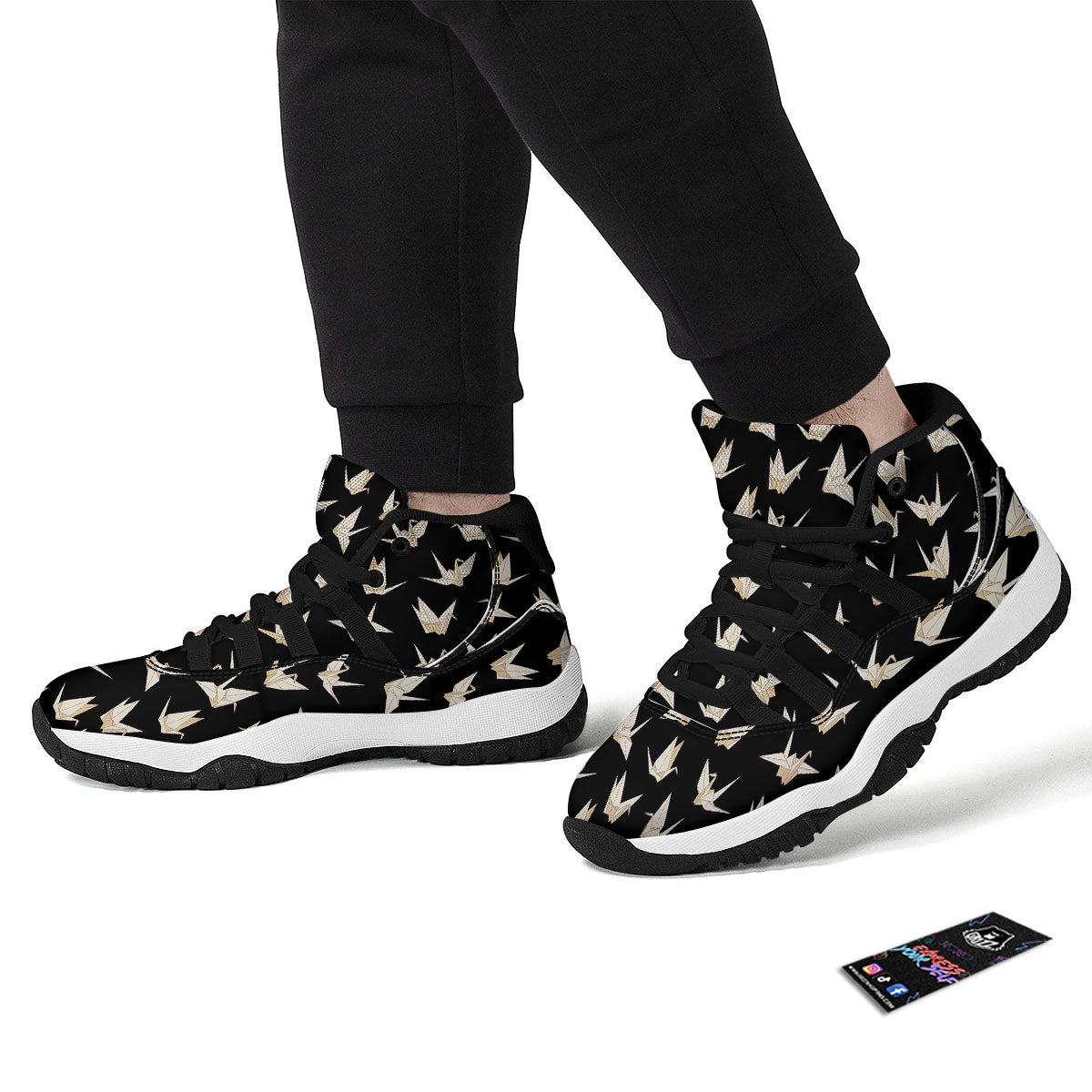 Origami White And Black Print Pattern Black Bball Shoes-grizzshop