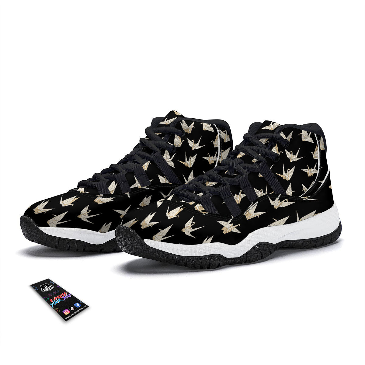 Origami White And Black Print Pattern Black Bball Shoes-grizzshop