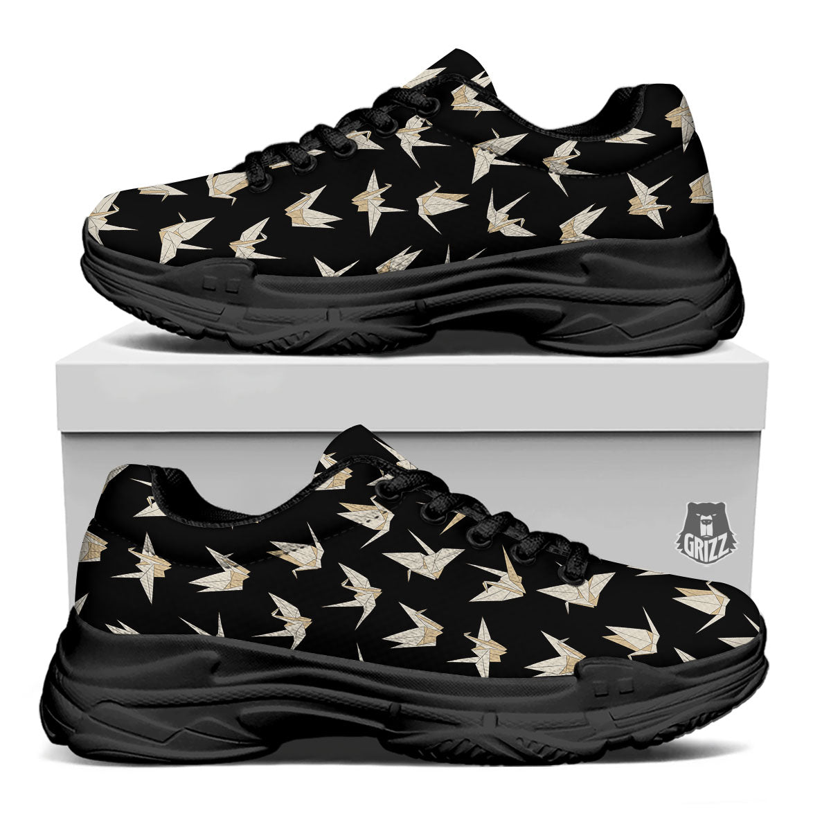 Origami White And Black Print Pattern Black Chunky Shoes-grizzshop