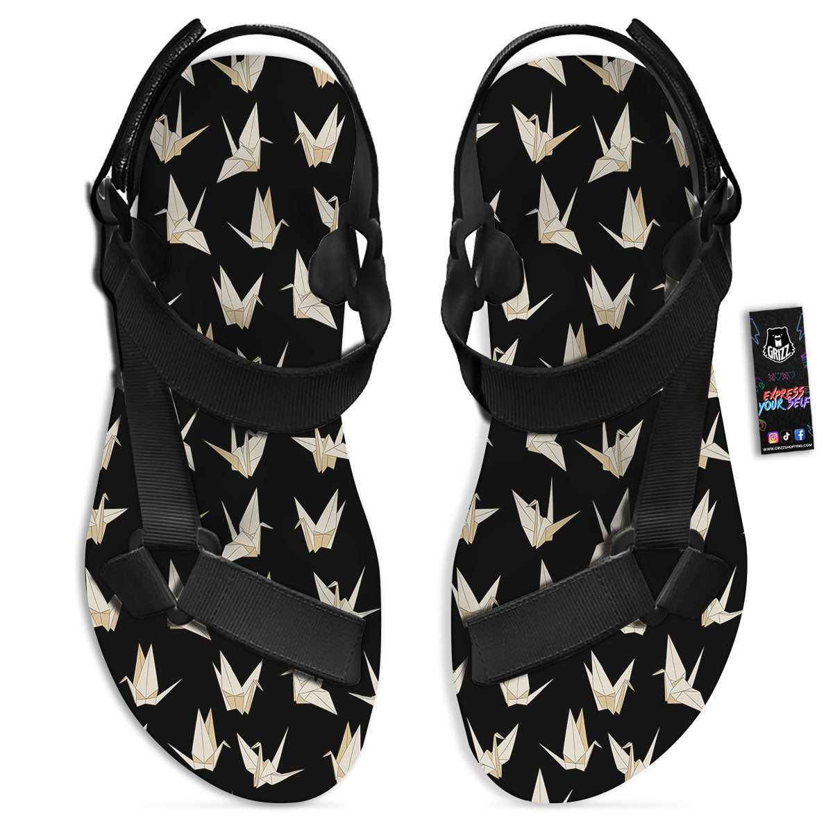 Origami White And Black Print Pattern Black Open Toe Sandals-grizzshop