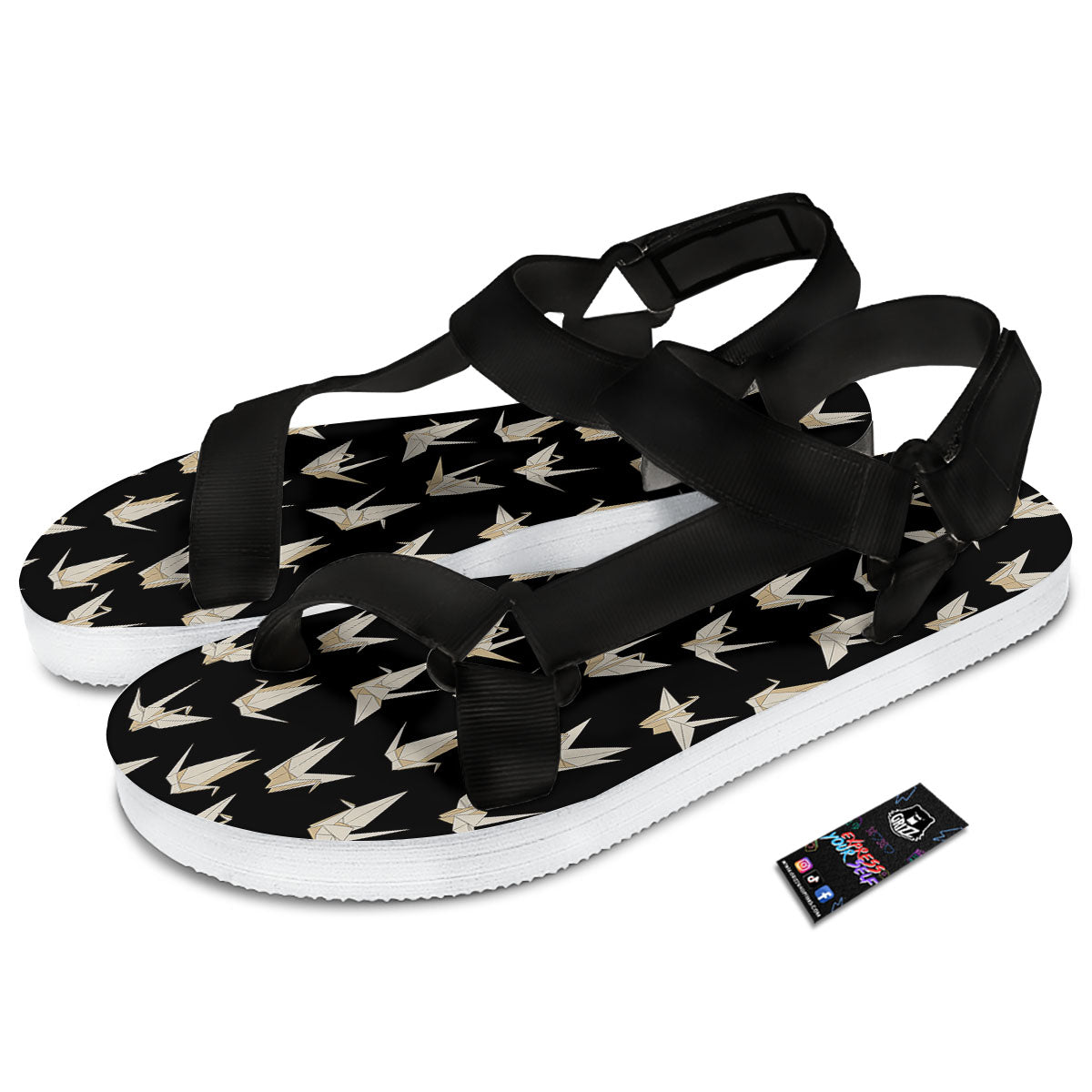 Origami White And Black Print Pattern Black Open Toe Sandals-grizzshop