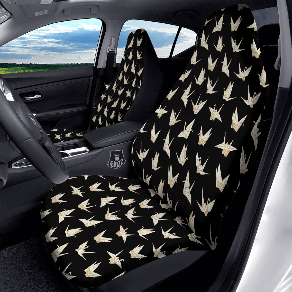 Origami White And Black Print Pattern Car Seat Covers-grizzshop