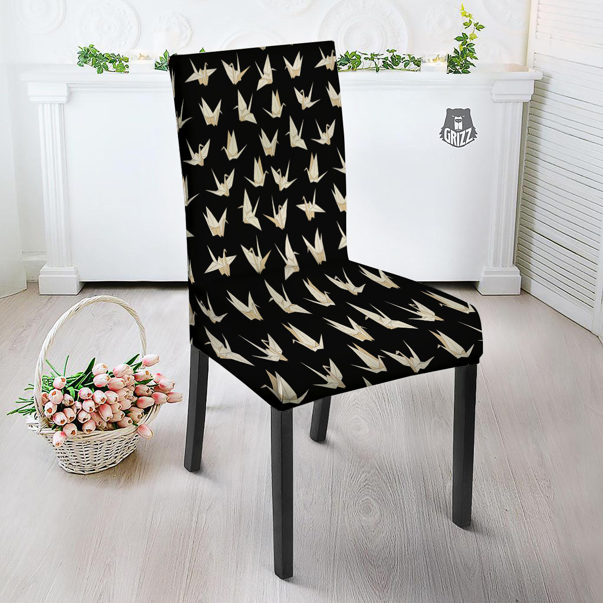 Origami White And Black Print Pattern Dining Chair Slipcover-grizzshop