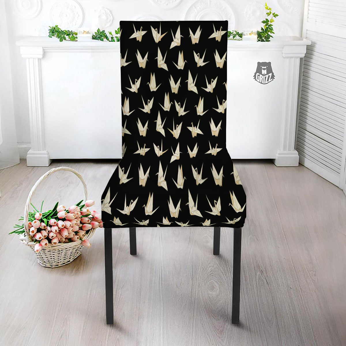 Origami White And Black Print Pattern Dining Chair Slipcover-grizzshop