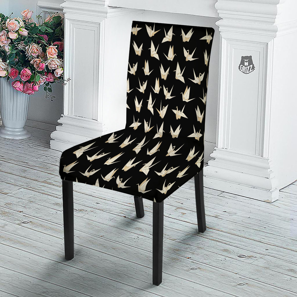 Origami White And Black Print Pattern Dining Chair Slipcover-grizzshop