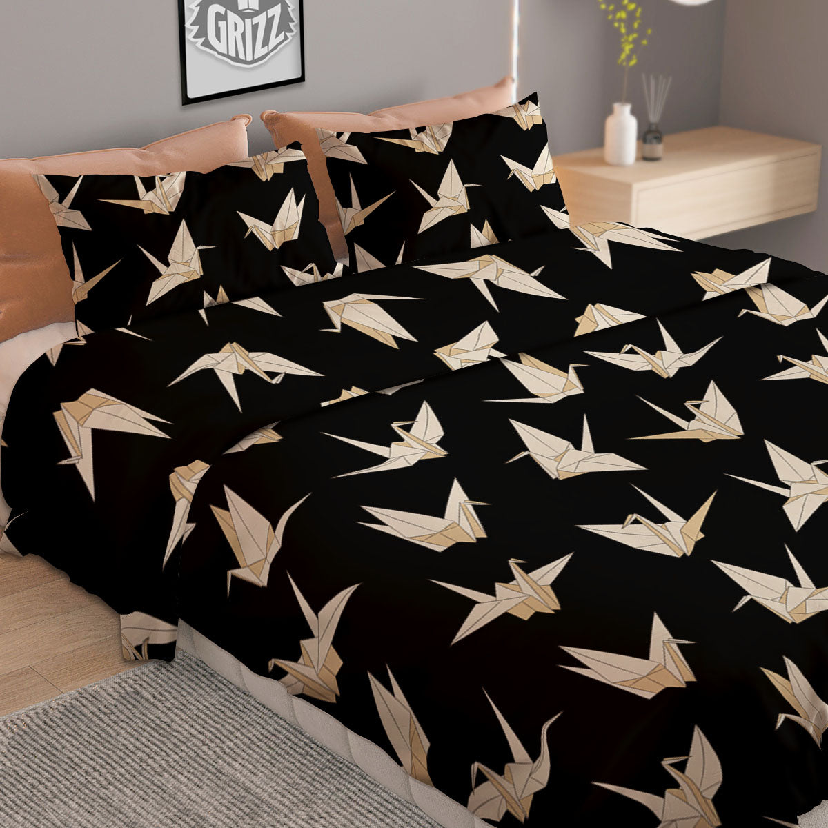 Origami White And Black Print Pattern Duvet Cover Bedding Set