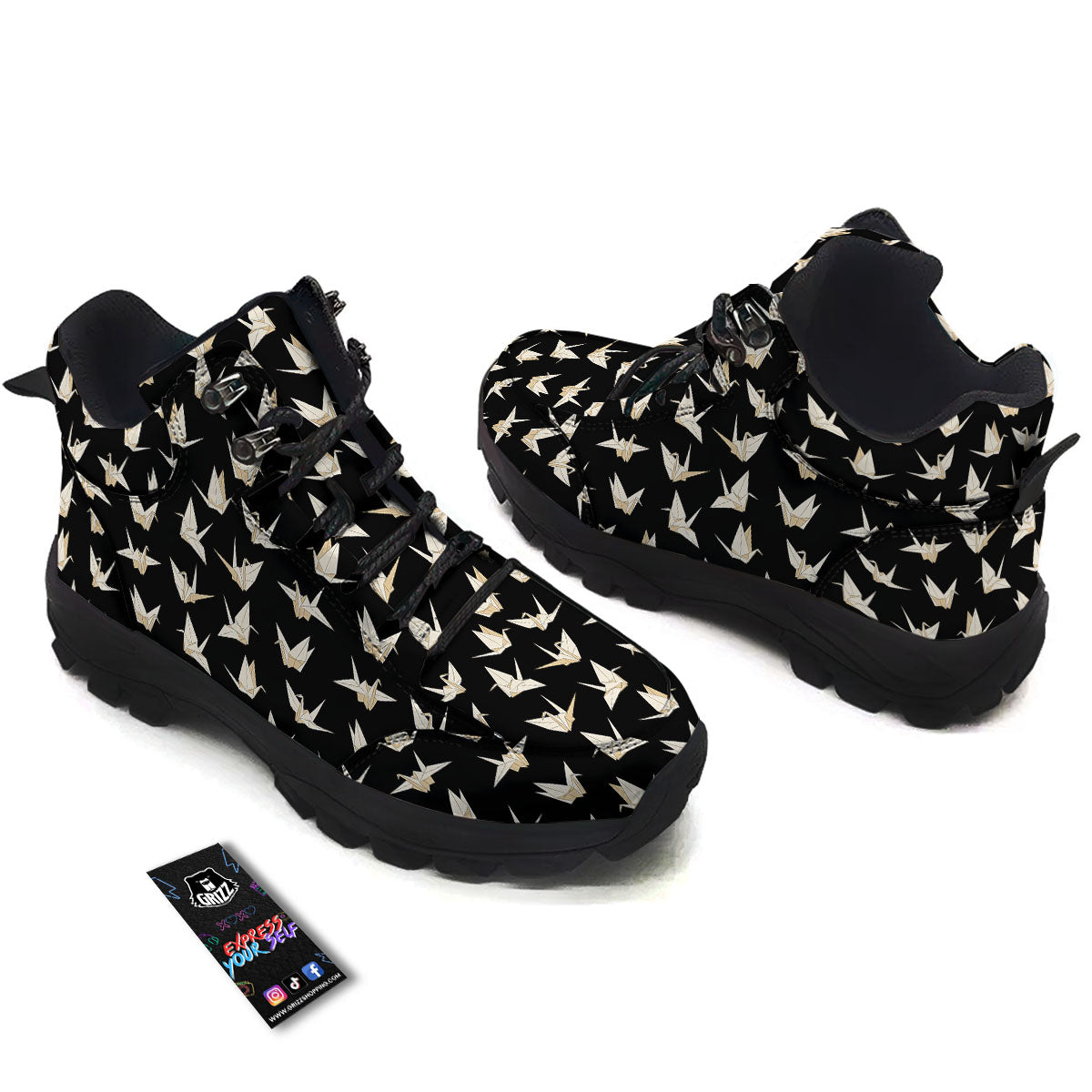 Origami White And Black Print Pattern Hiking Shoes-grizzshop