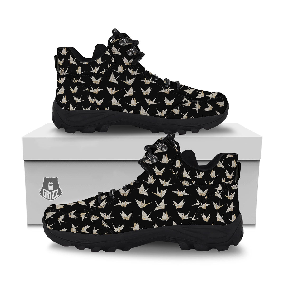 Origami White And Black Print Pattern Hiking Shoes-grizzshop