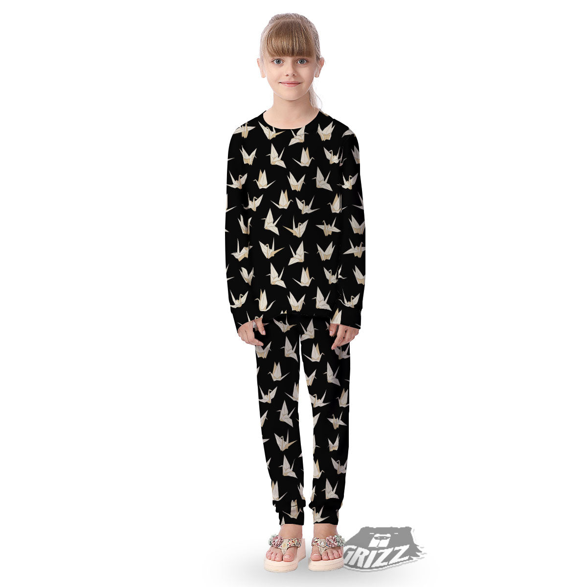 Origami White And Black Print Pattern Kid's Pajamas-grizzshop