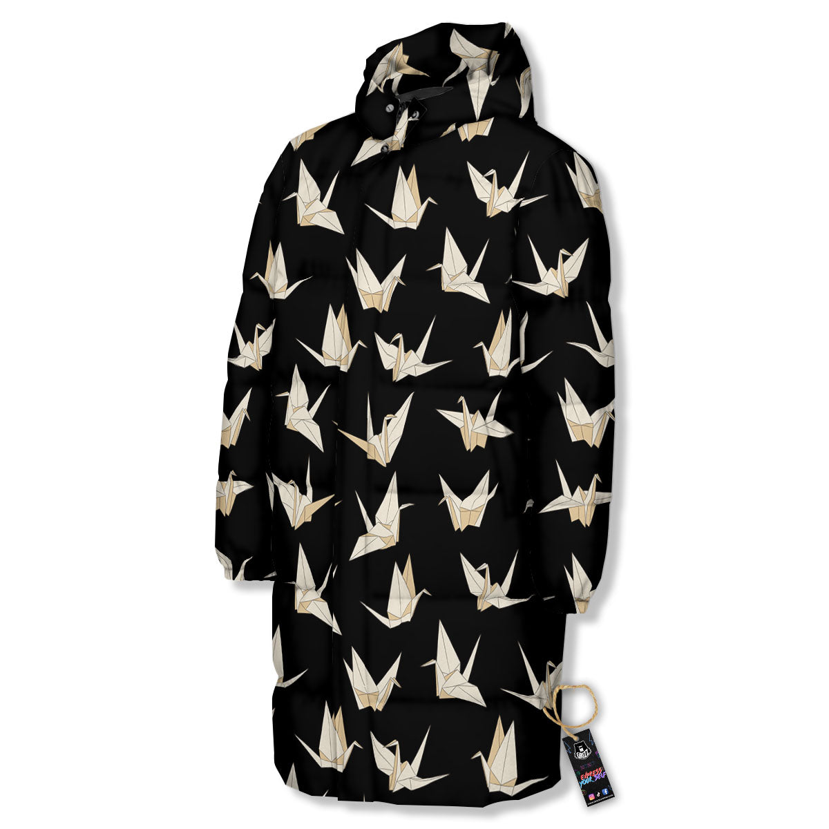 Origami White And Black Print Pattern Long Down Jacket-grizzshop