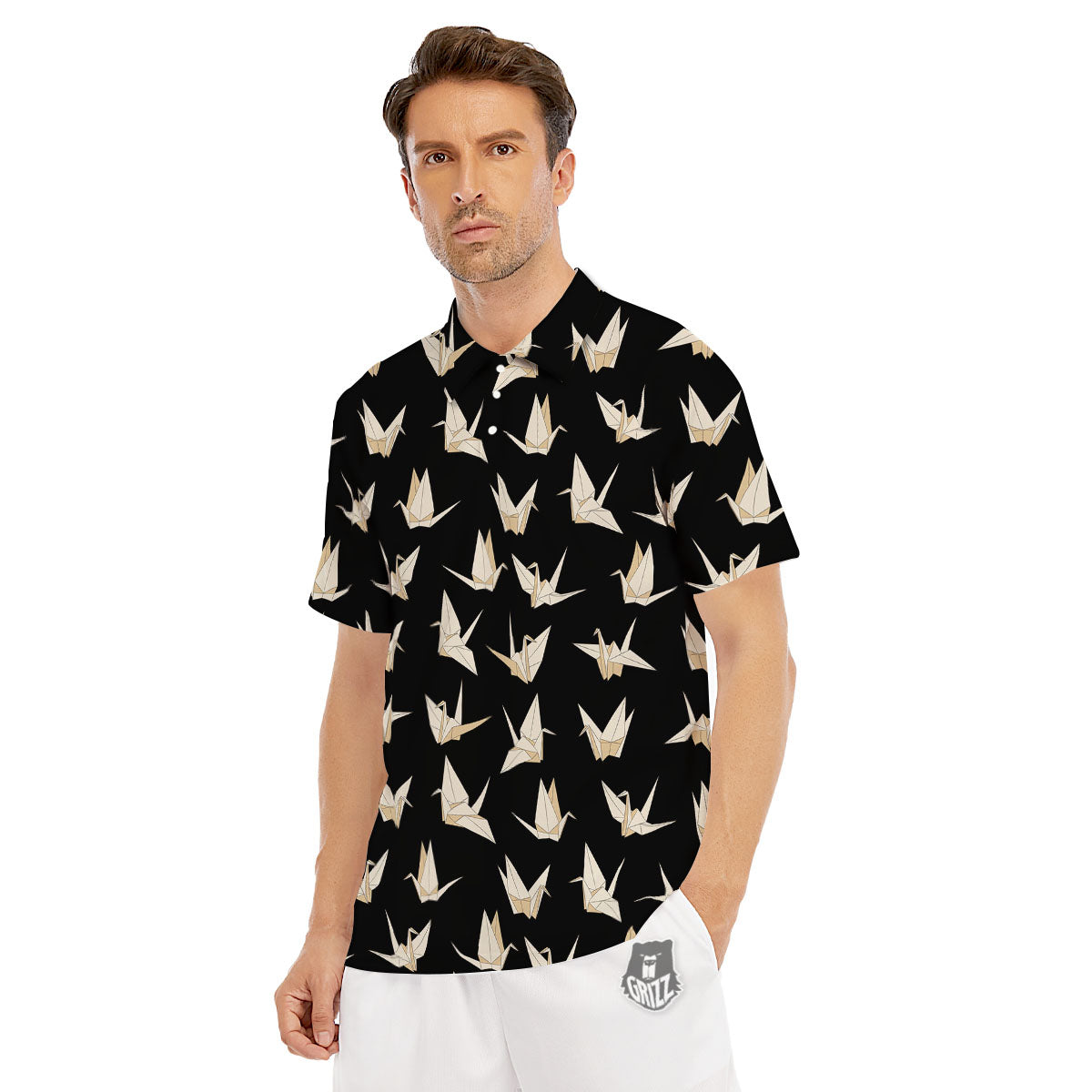 Origami White And Black Print Pattern Men's Golf Shirts-grizzshop