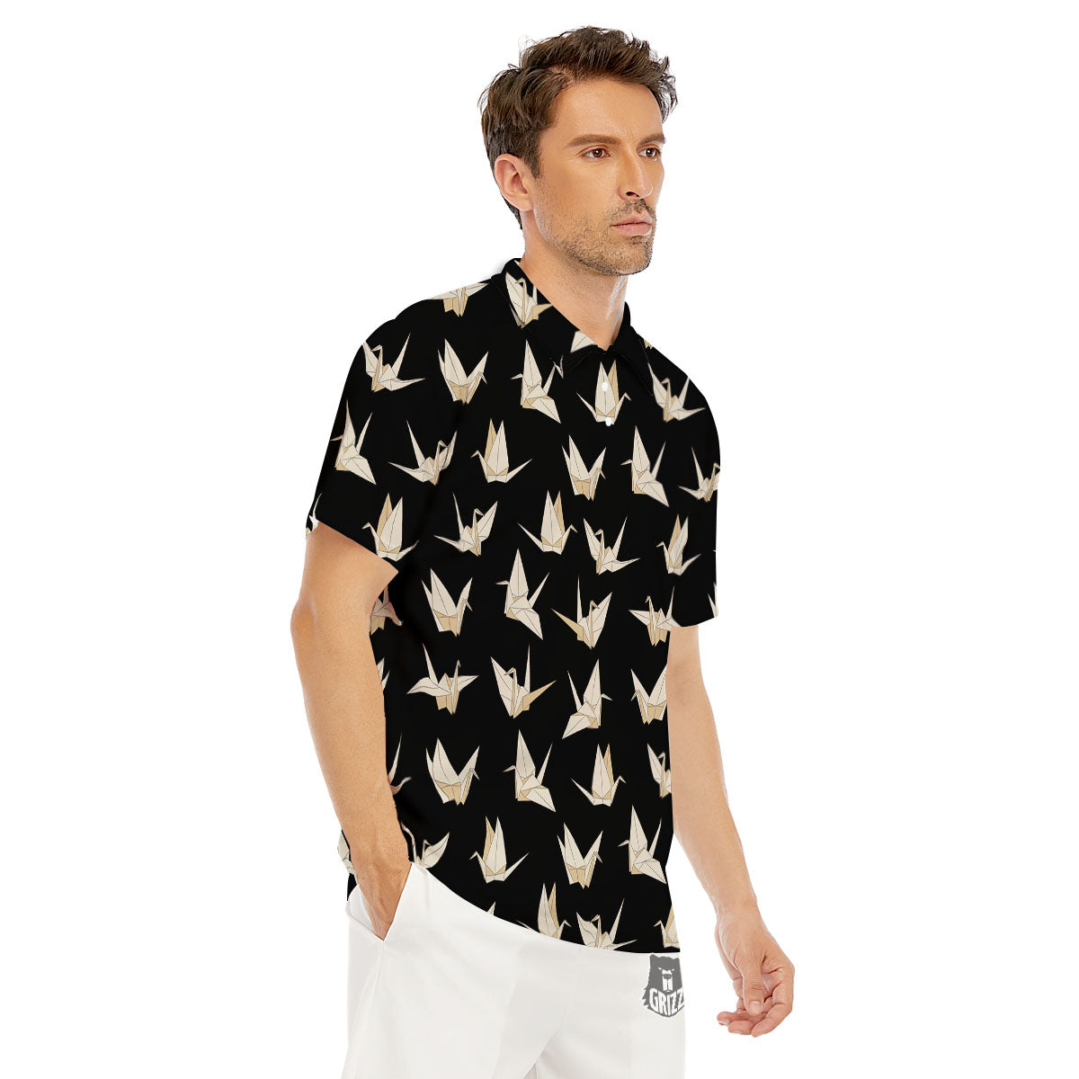 Origami White And Black Print Pattern Men's Golf Shirts-grizzshop