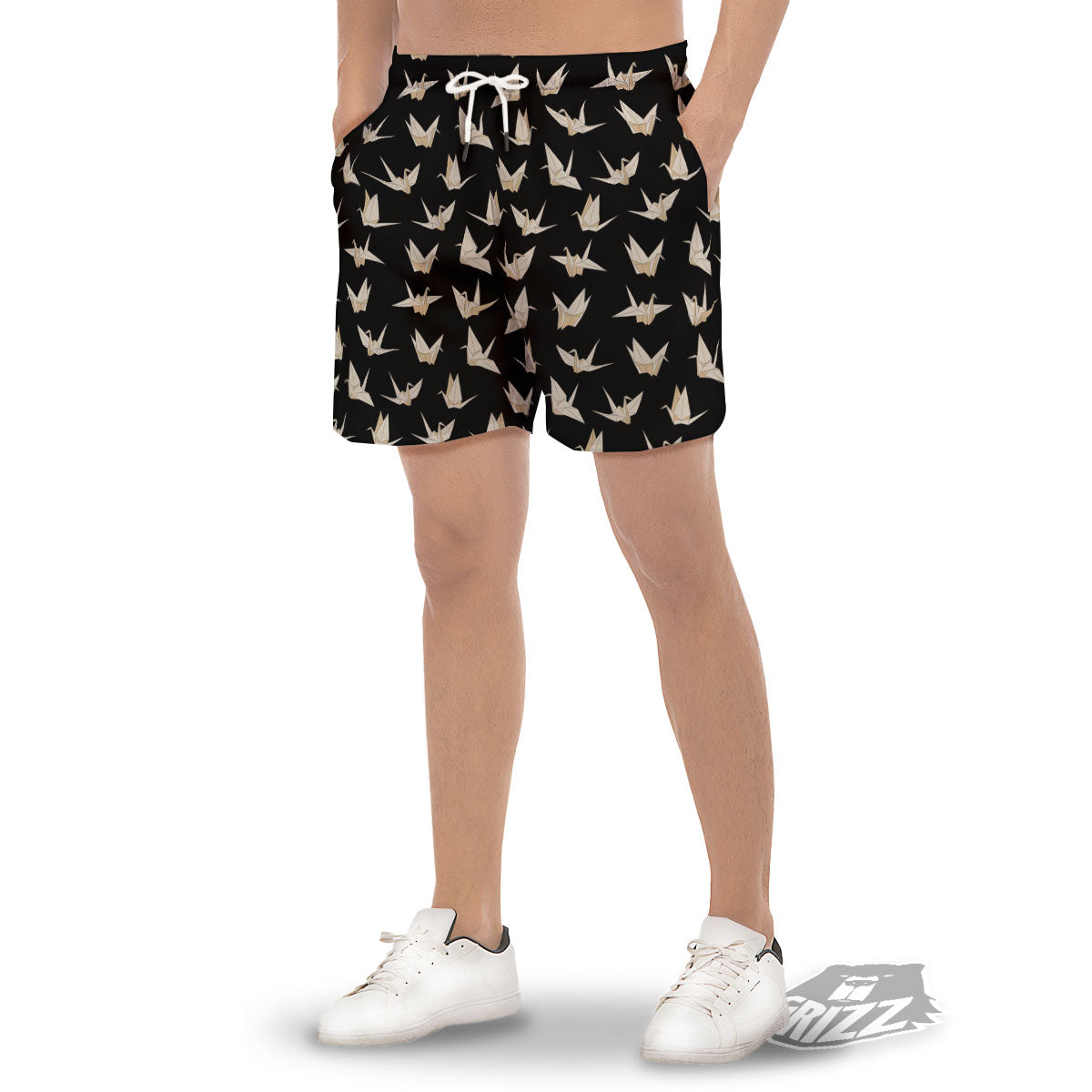 Origami White And Black Print Pattern Men's Gym Shorts-grizzshop