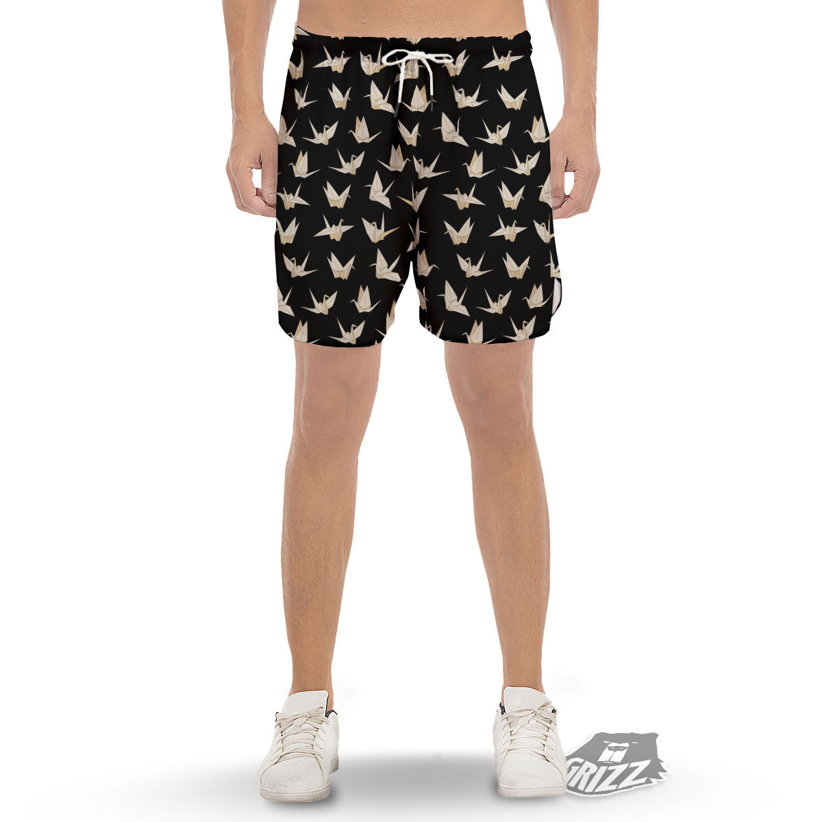 Origami White And Black Print Pattern Men's Gym Shorts-grizzshop