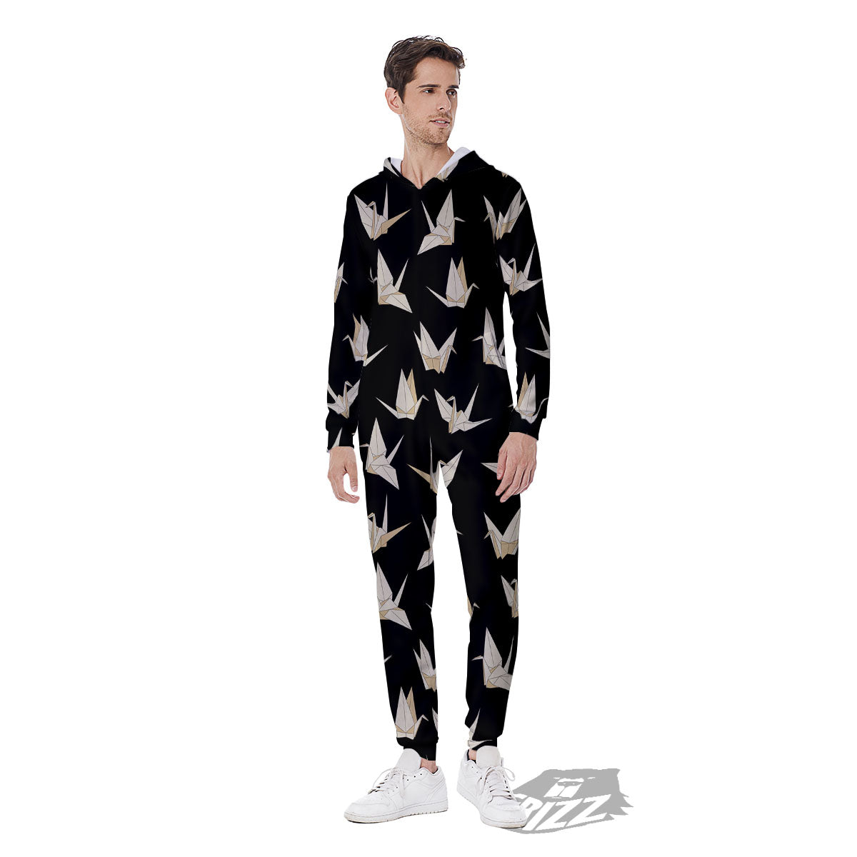 Origami White And Black Print Pattern Men's Jumpsuit-grizzshop