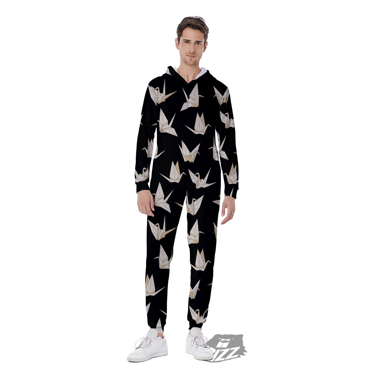 Origami White And Black Print Pattern Men's Jumpsuit-grizzshop