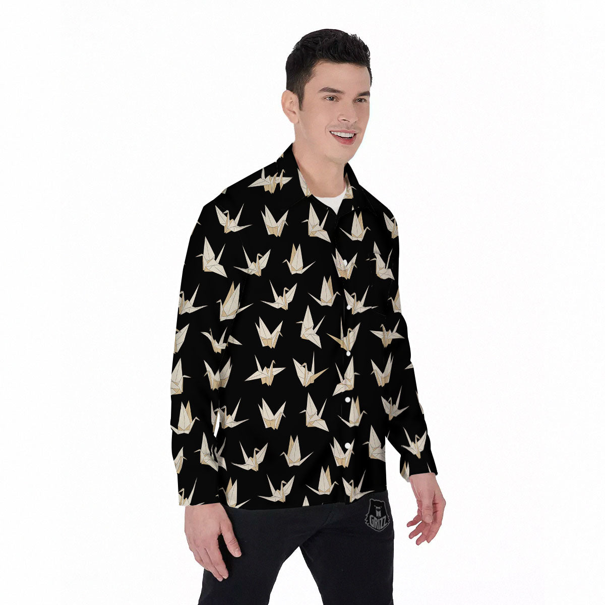 Origami White And Black Print Pattern Men's Long Sleeve Shirts-grizzshop