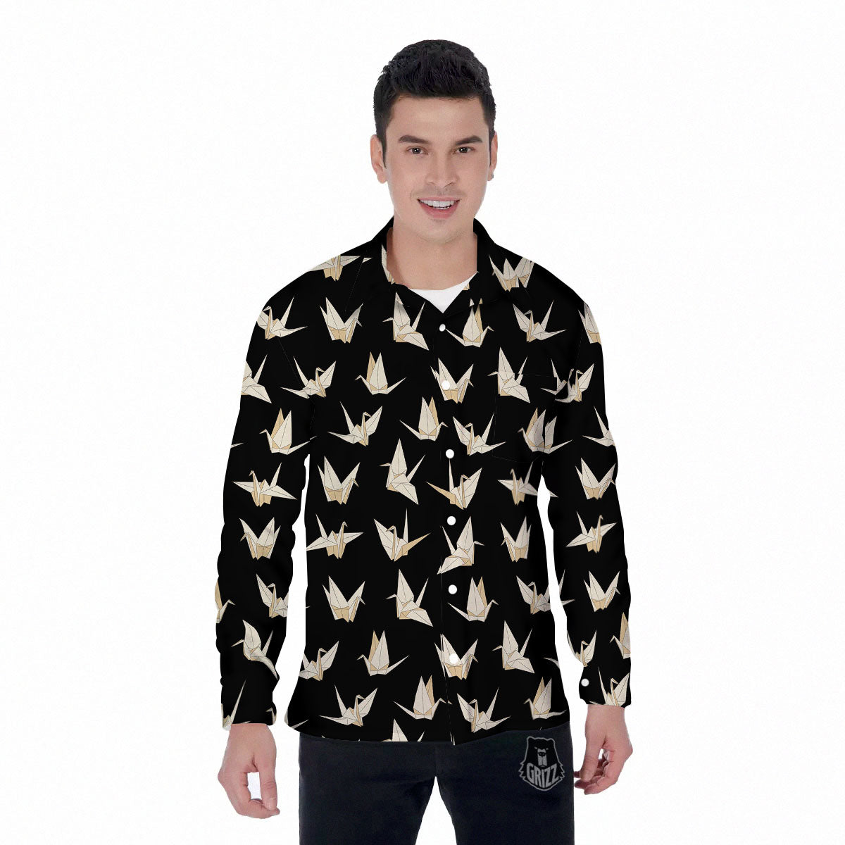 Origami White And Black Print Pattern Men's Long Sleeve Shirts-grizzshop