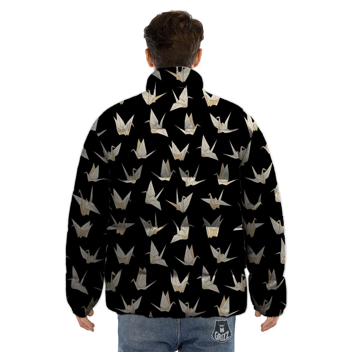 Origami White And Black Print Pattern Puffer Jacket-grizzshop