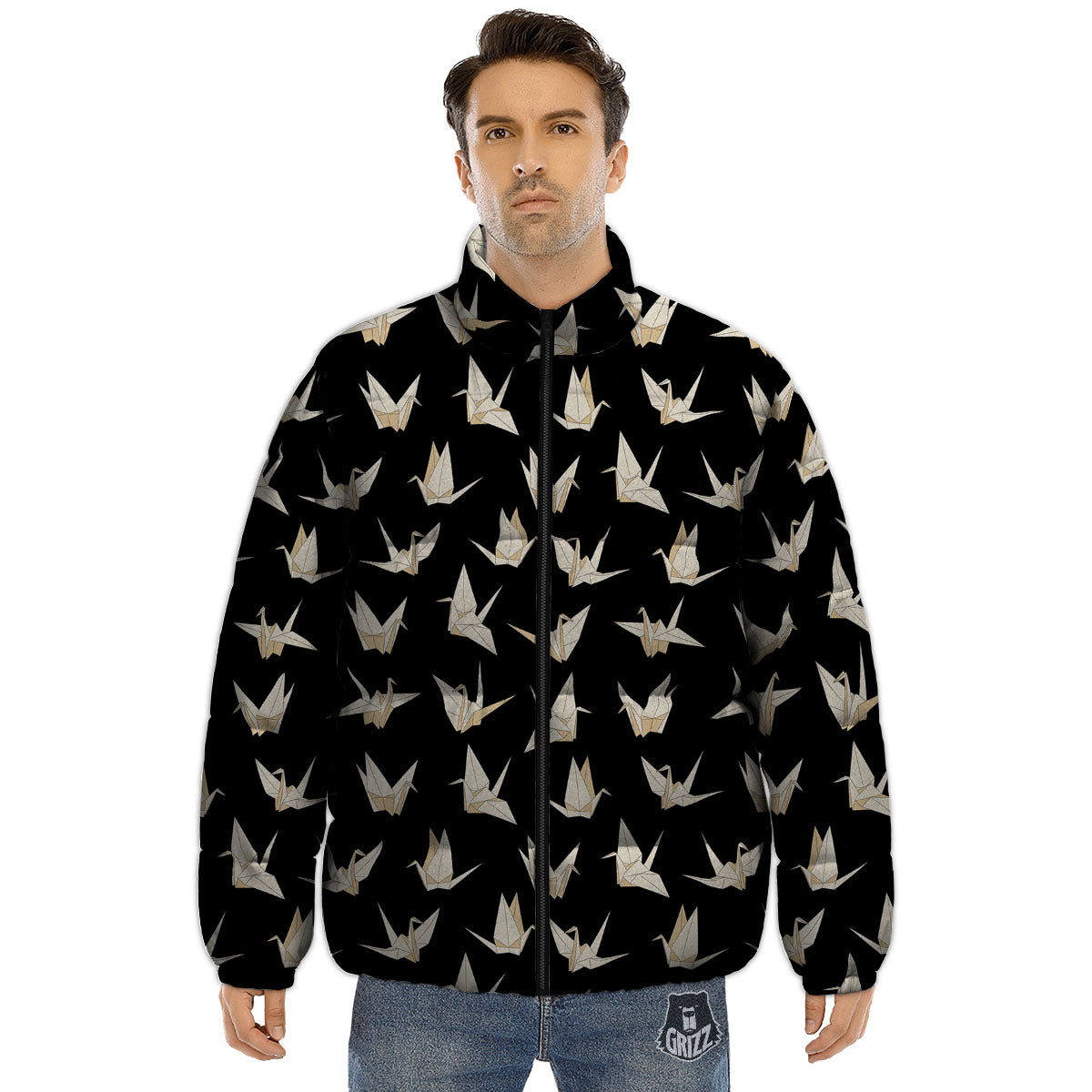 Origami White And Black Print Pattern Puffer Jacket-grizzshop