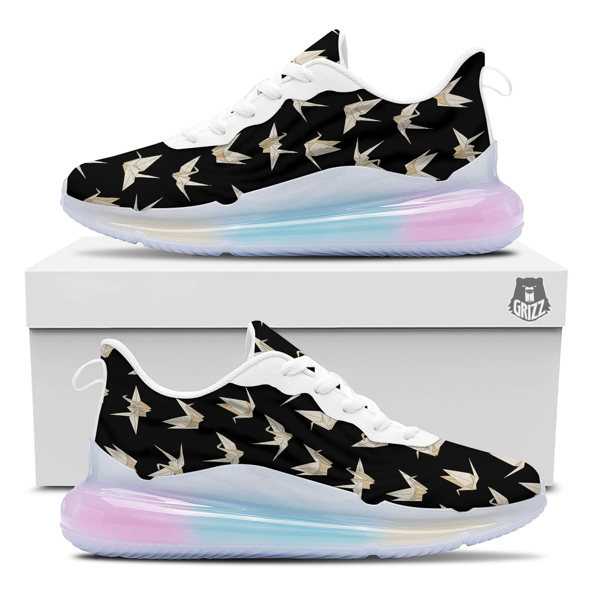 Origami White And Black Print Pattern Running Sneakers-grizzshop