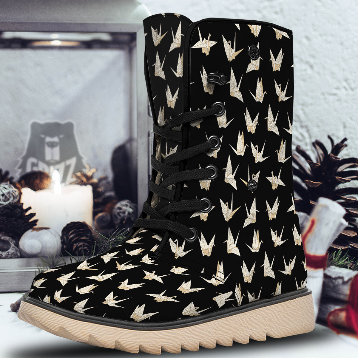 Origami White And Black Print Pattern Snow Boots-grizzshop