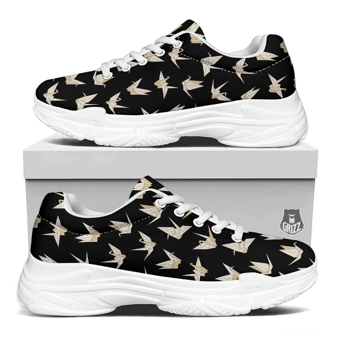 Origami White And Black Print Pattern White Chunky Shoes-grizzshop