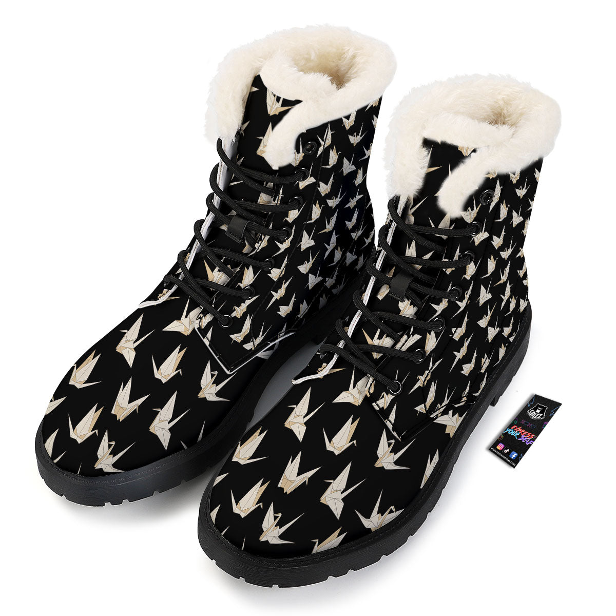 Origami White And Black Print Pattern Winter Boots-grizzshop