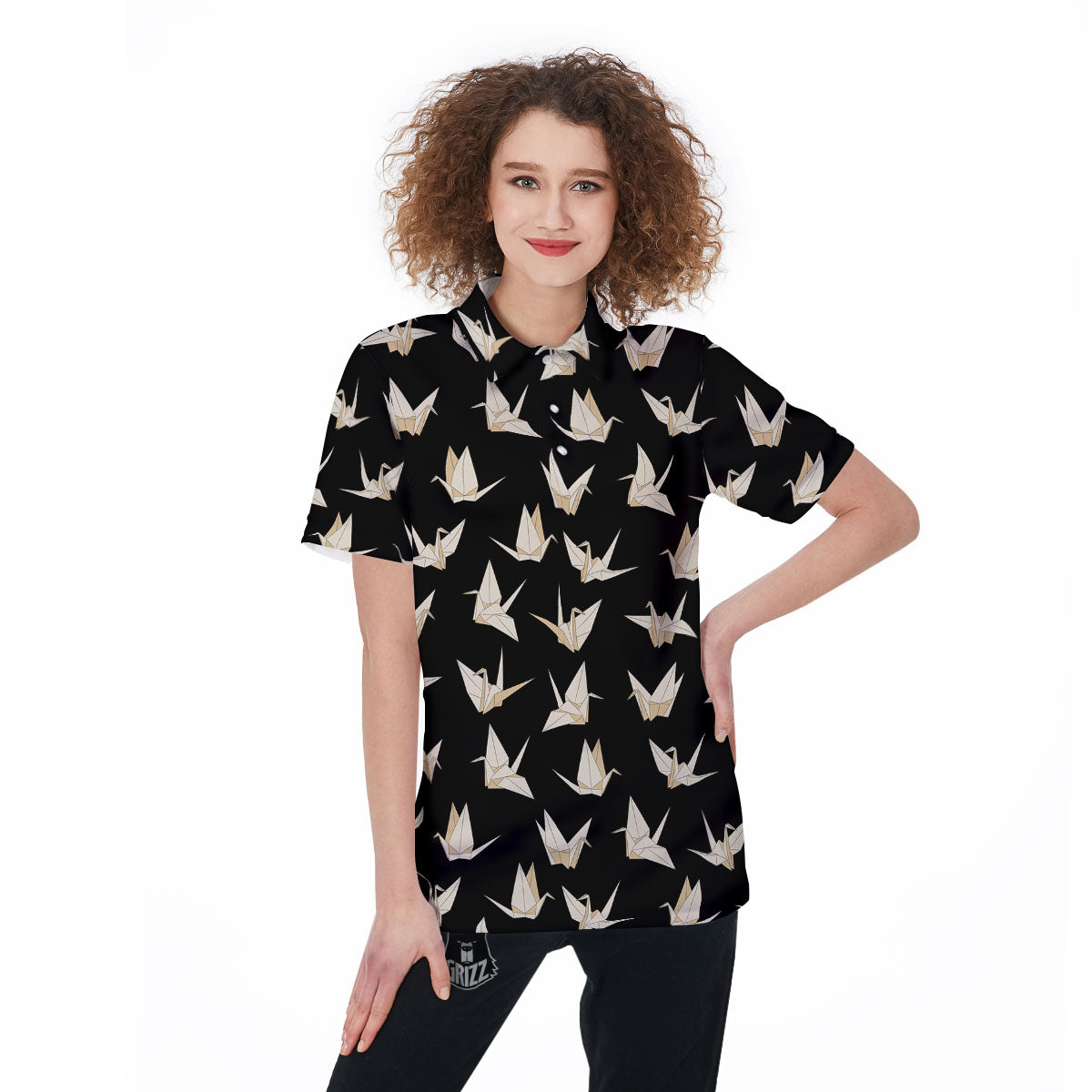 Origami White And Black Print Pattern Women's Golf Shirts-grizzshop