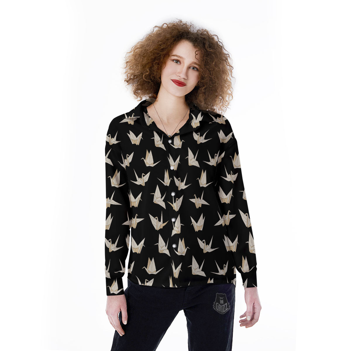 Origami White And Black Print Pattern Women's Long Sleeve Shirts-grizzshop