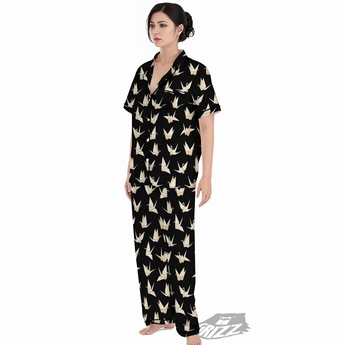 Origami White And Black Print Pattern Women's Pajamas Set-grizzshop