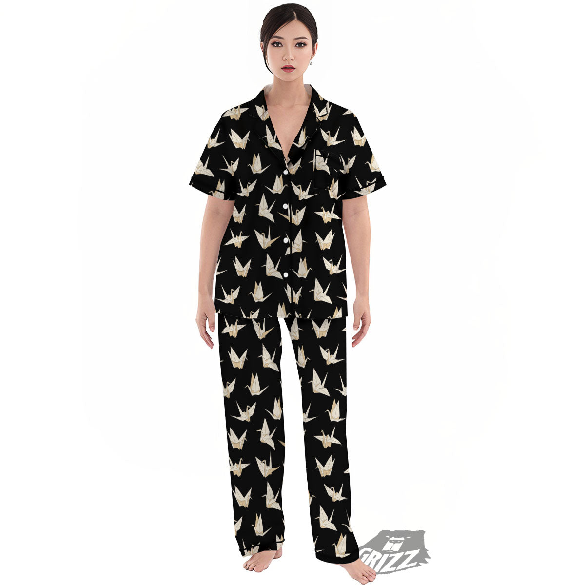 Origami White And Black Print Pattern Women's Pajamas Set-grizzshop
