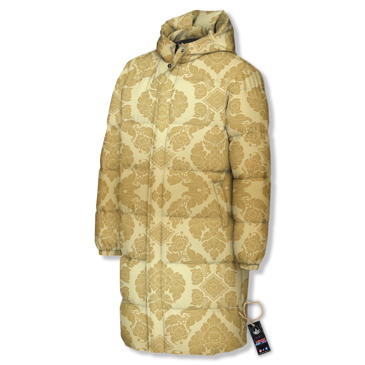 Ornament Thai Print Pattern Long Down Jacket-grizzshop