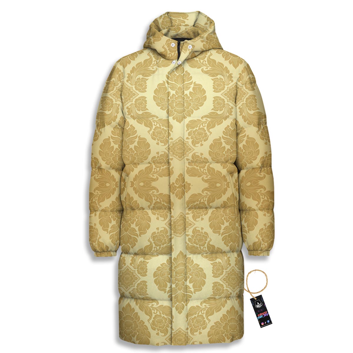 Ornament Thai Print Pattern Long Down Jacket-grizzshop