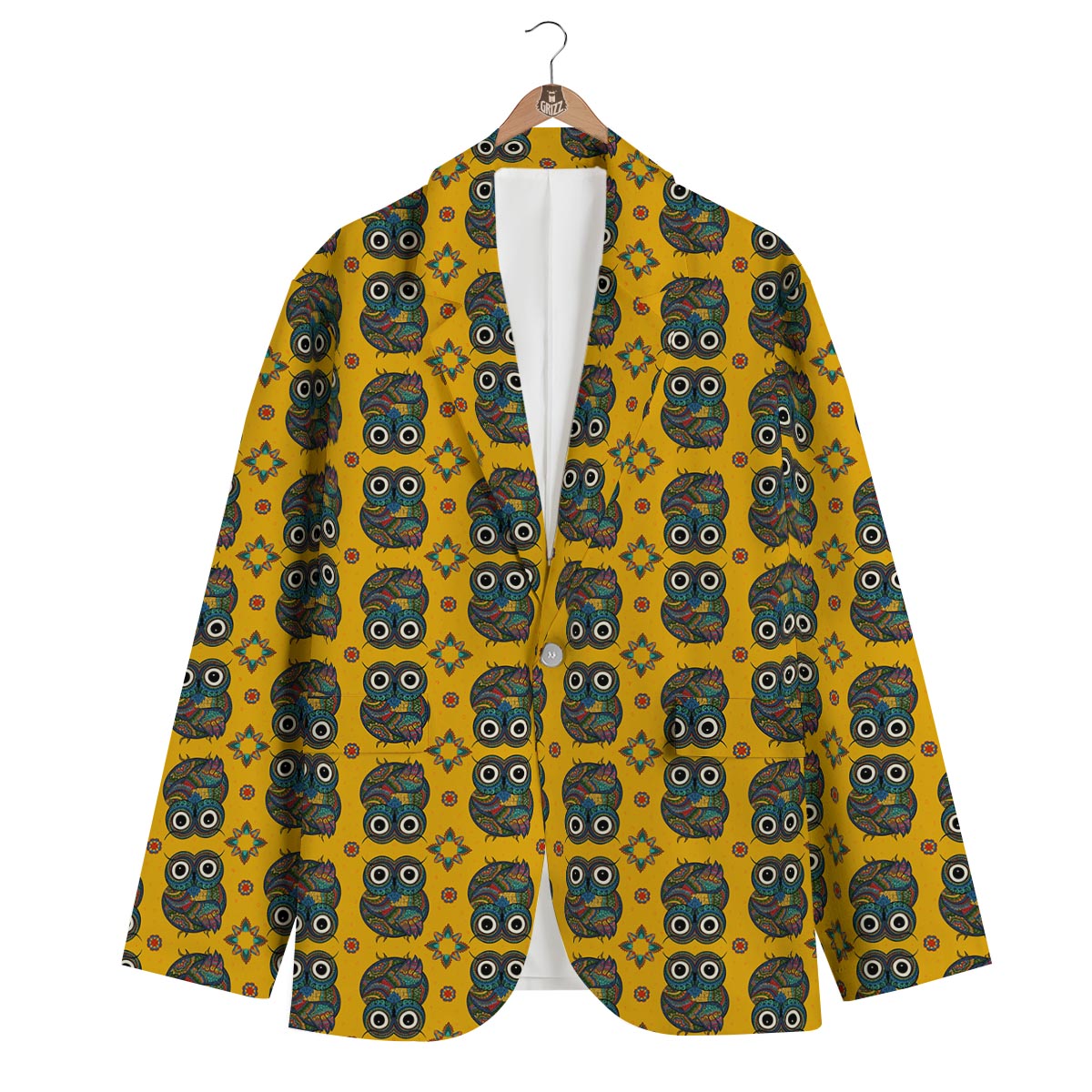 Ornamental Owl Pattern Print Men's Blazer-grizzshop