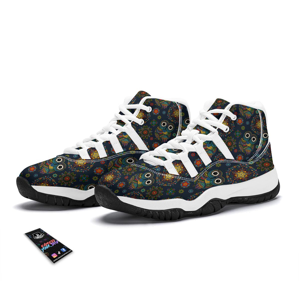 Ornamental Owl Print Pattern White Bball Shoes-grizzshop