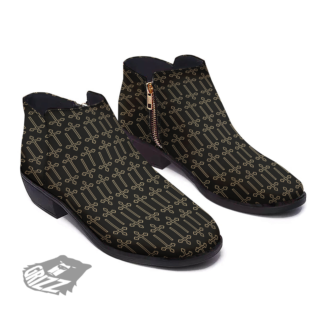 Orthodox Beige And Black Print Pattern Ankle Boots-grizzshop