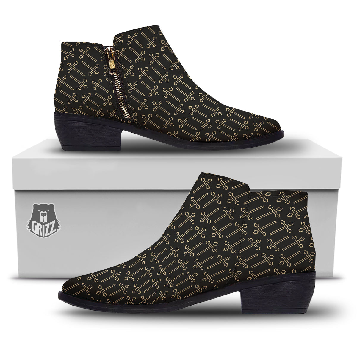 Orthodox Beige And Black Print Pattern Ankle Boots-grizzshop