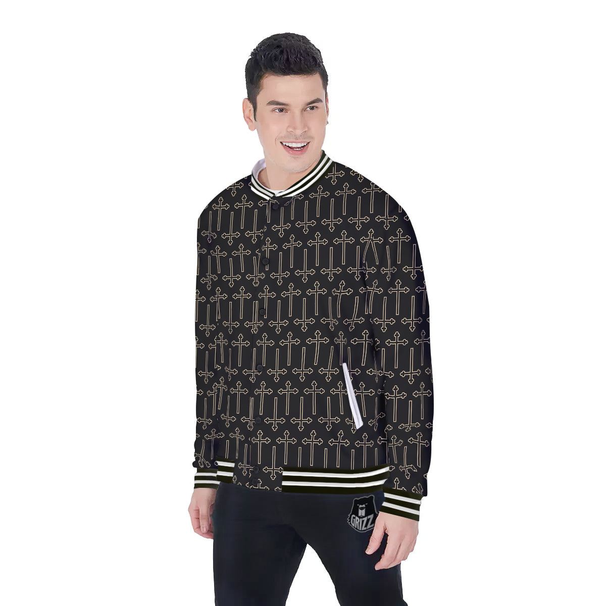 Orthodox Beige And Black Print Pattern Baseball Jacket-grizzshop