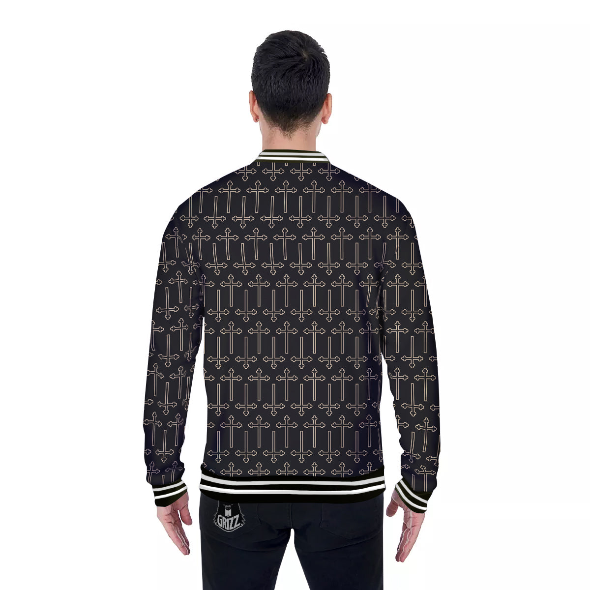 Orthodox Beige And Black Print Pattern Baseball Jacket-grizzshop