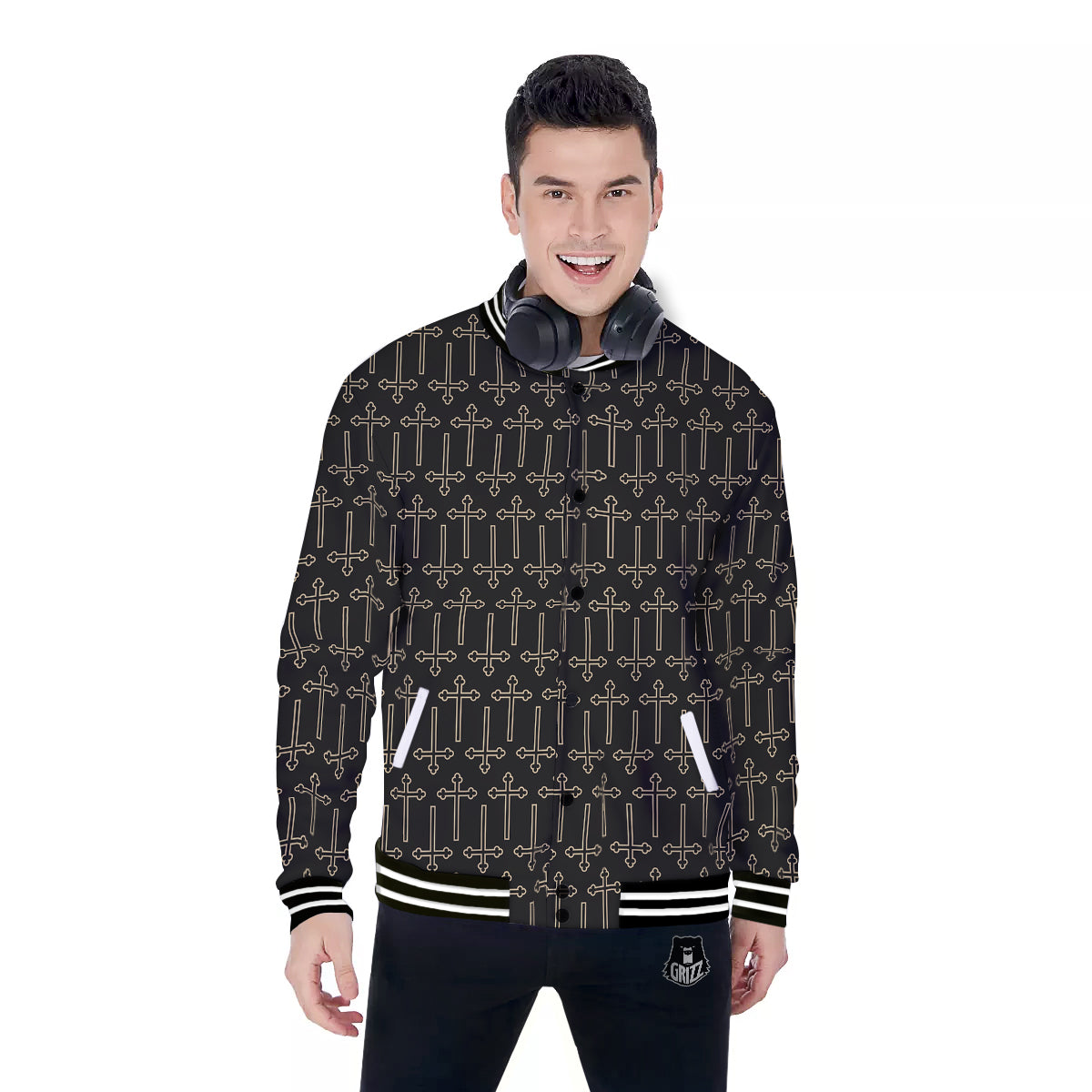 Orthodox Beige And Black Print Pattern Baseball Jacket-grizzshop