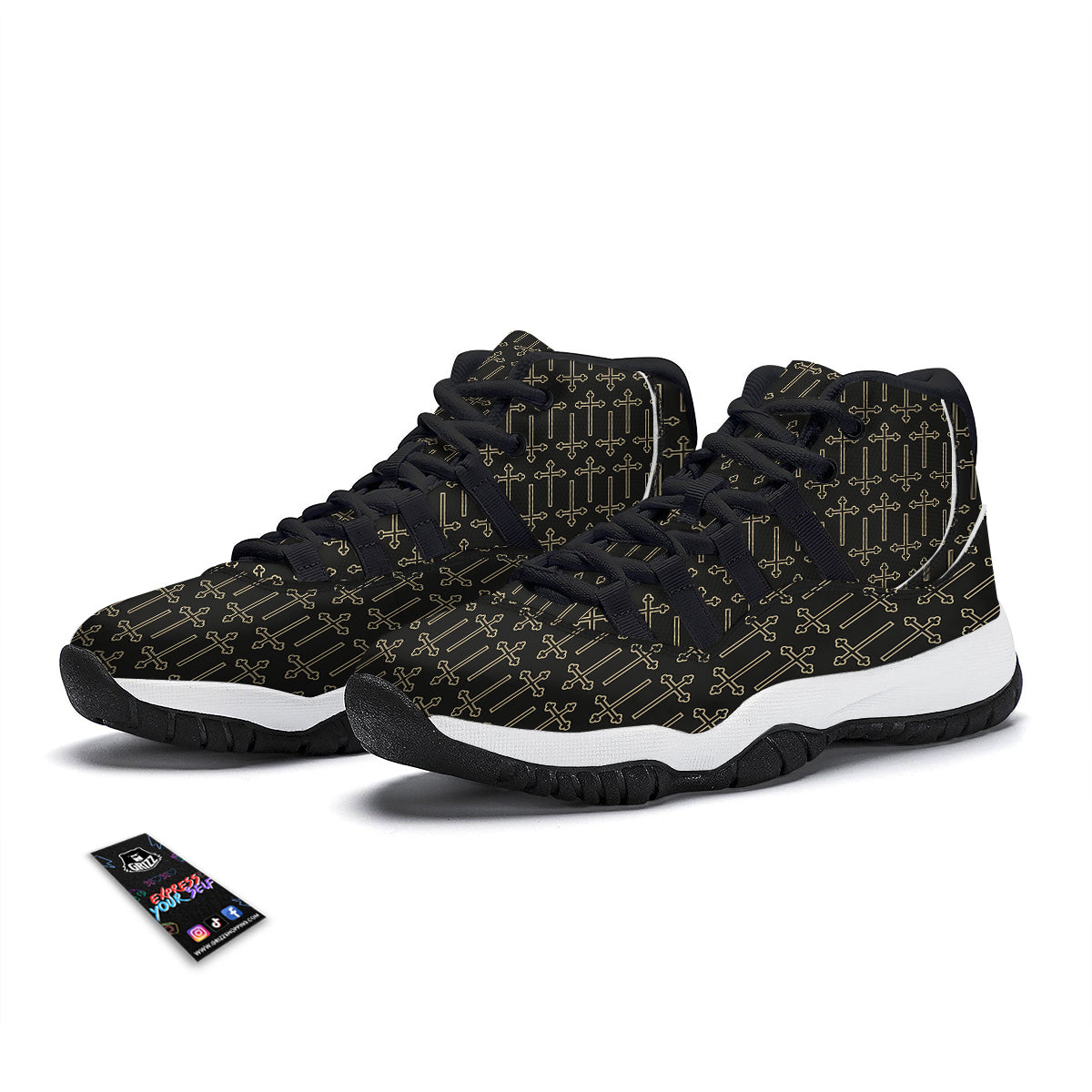 Orthodox Beige And Black Print Pattern Black Bball Shoes-grizzshop