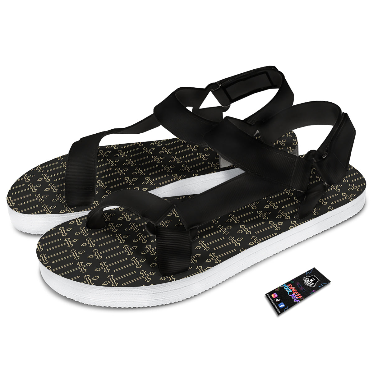 Orthodox Beige And Black Print Pattern Black Open Toe Sandals-grizzshop