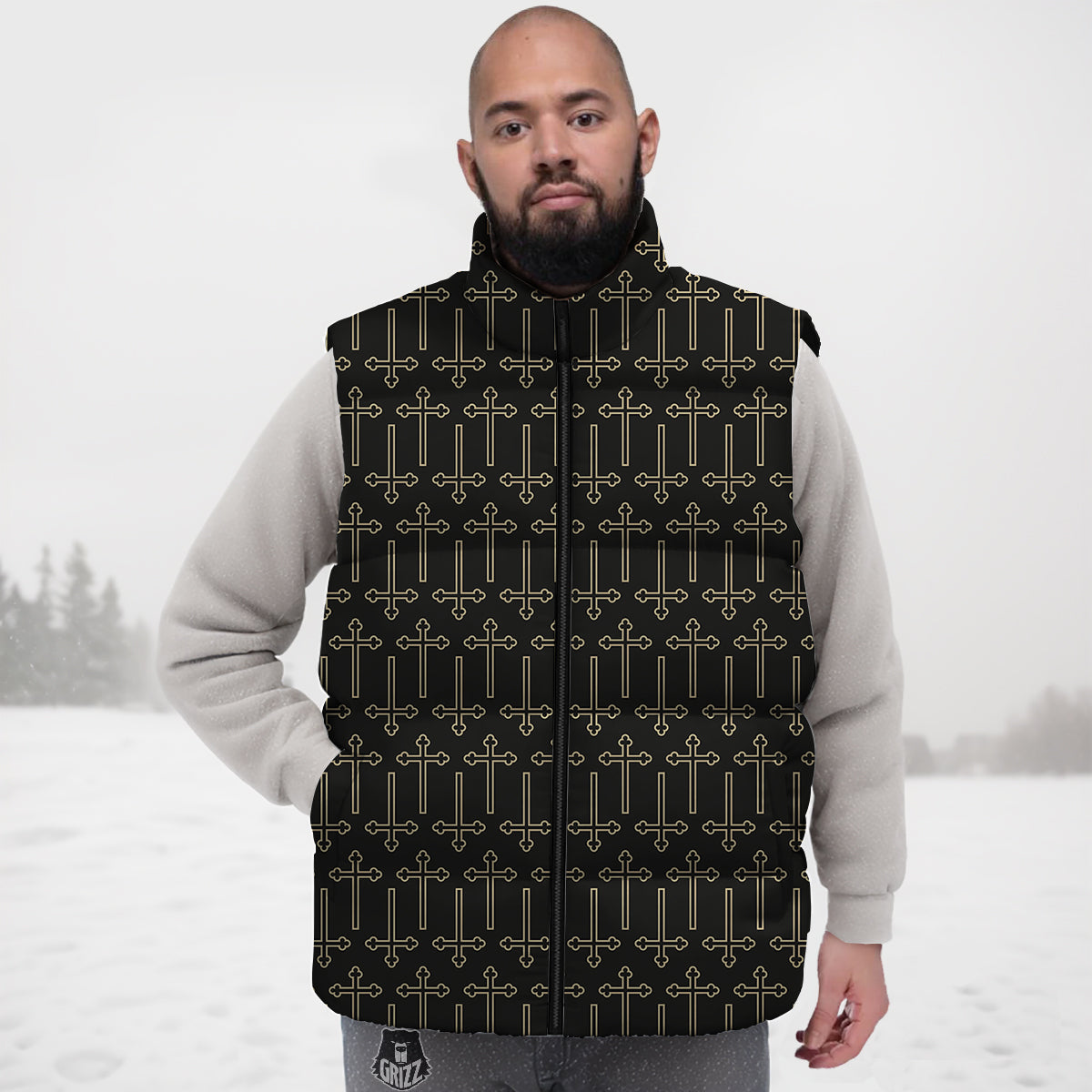 Orthodox Beige And Black Print Pattern Down Vest