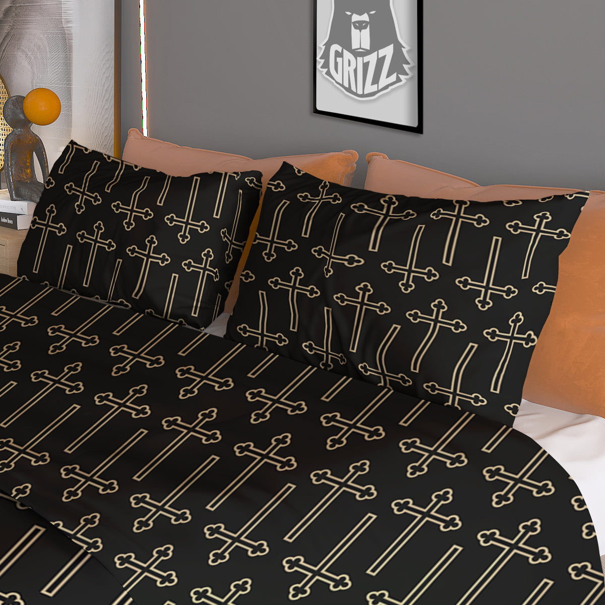 Orthodox Beige And Black Print Pattern Duvet Cover Bedding Set