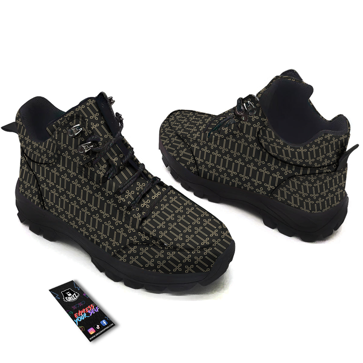 Orthodox Beige And Black Print Pattern Hiking Shoes-grizzshop