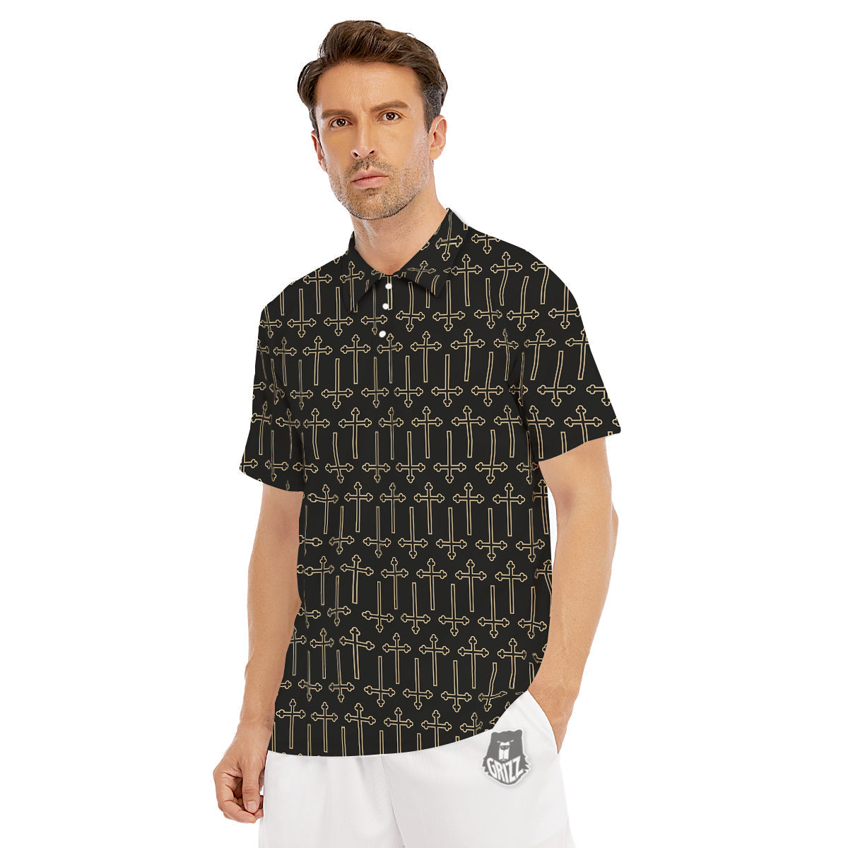 Orthodox Beige And Black Print Pattern Men's Golf Shirts-grizzshop